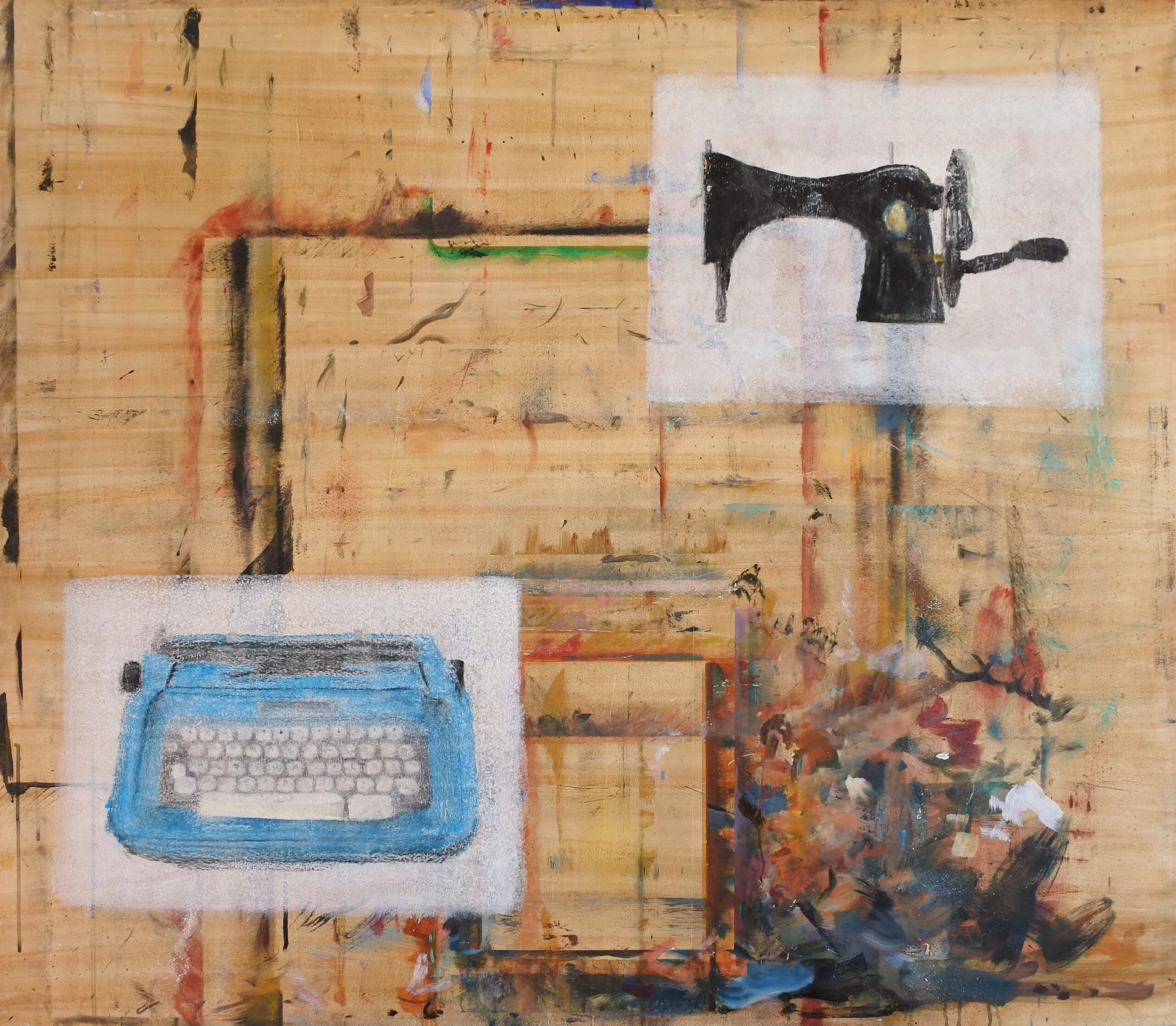 Tabla de respaldo de caballete usada, con monotipos de maquina de escribir y de coser